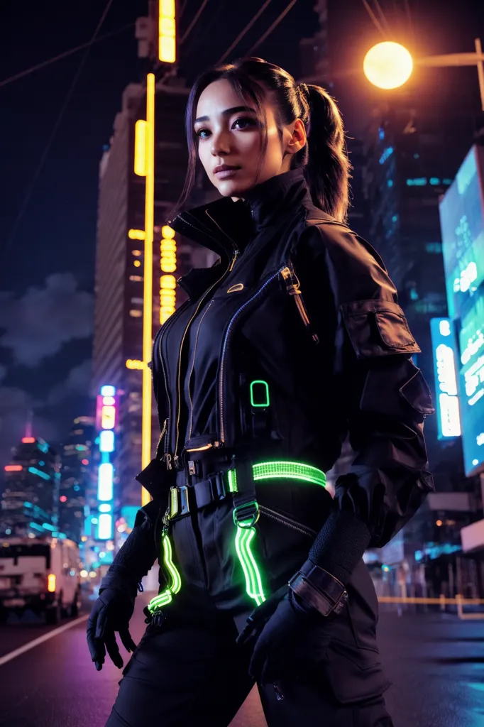 A young woman is standing in a dark city street. She is wearing a black jumpsuit with green highlights. She has her hair in a ponytail and is looking at the camera. The background is blurred with city lights.