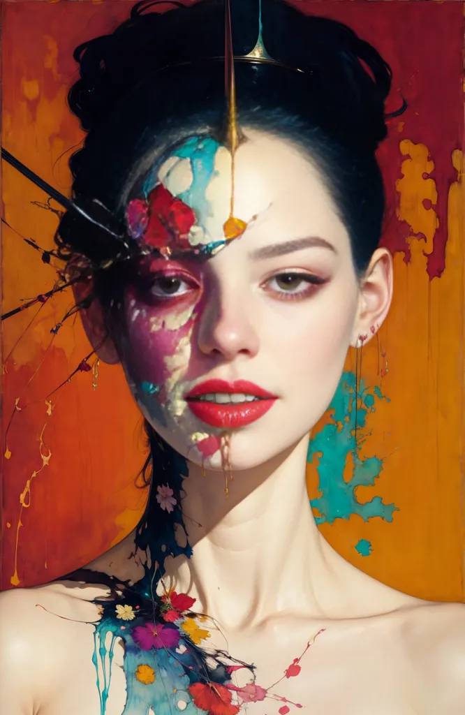 The image is a portrait of a young woman with dark hair and red lips. She is wearing a white dress. Her face is covered in paint. The paint is dripping down her face and neck. She has a serene expression on her face. The background is a bright orange color.