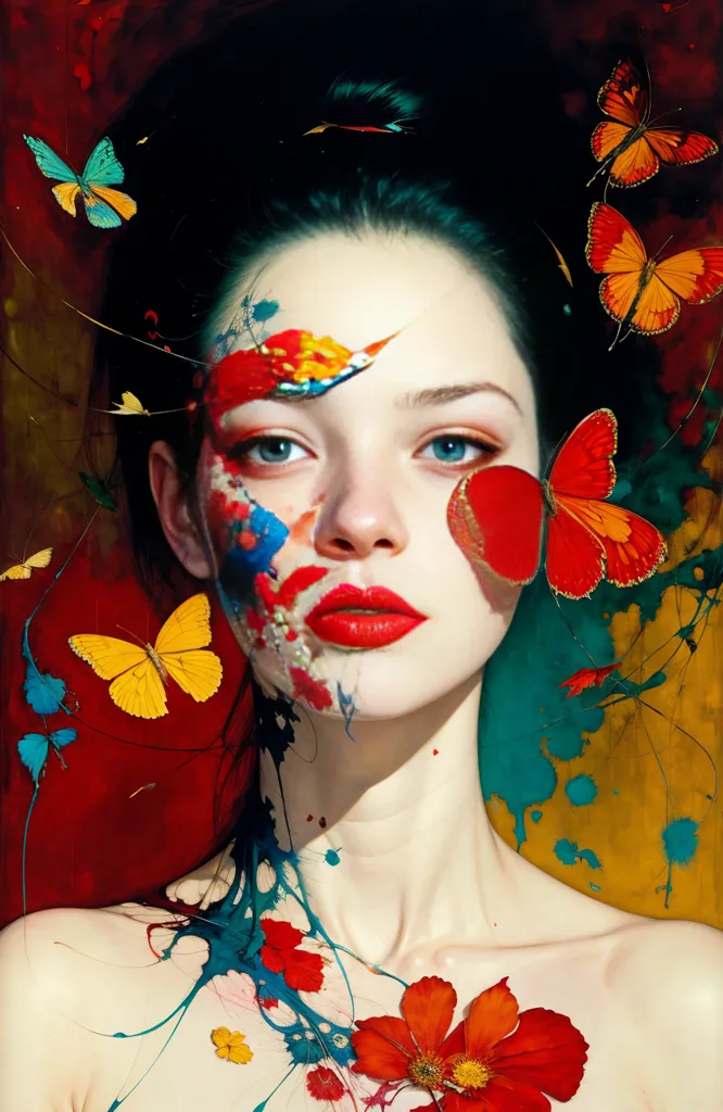 This image is a painting of a woman with long black hair and red lips. Her face is covered in colorful paint and there are butterflies painted on her face and in her hair. The background is a dark red and there are yellow and orange flowers painted on her chest. The painting is very colorful and has a lot of detail.