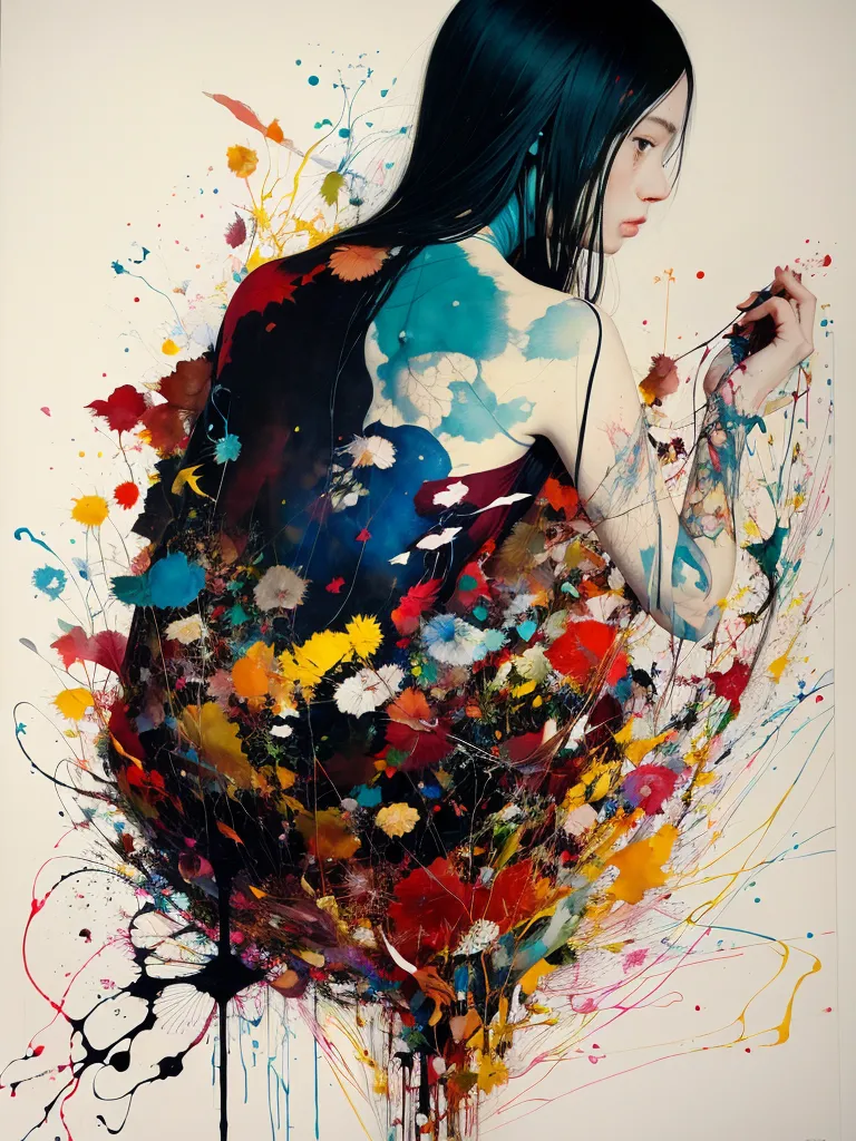 The image is a painting of a woman with long black hair and blue eyes. She is wearing a black dress and is surrounded by colorful flowers. The background is white. The painting is done in a realistic style and the woman's expression is one of sadness.