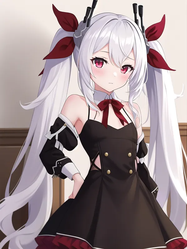 The image is of a young woman with long white hair and red eyes. She is wearing a black dress with a red ribbon around her neck and has a somewhat embarrassed expression on her face.