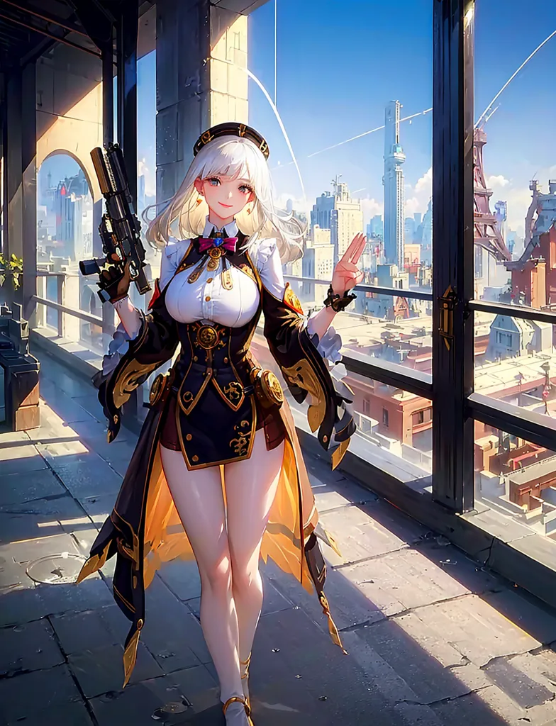 A imagem mostra uma jovem mulher em pé no topo de um edifício em uma cidade futurista. Ela está vestindo um traje preto e dourado e um chapéu branco. Ela está segurando uma arma na mão direita e tem a mão esquerda levantada no ar. A cidade está ao fundo e há alguns edifícios mais altos que os demais. O céu está azul e há algumas nuvens ao longe.