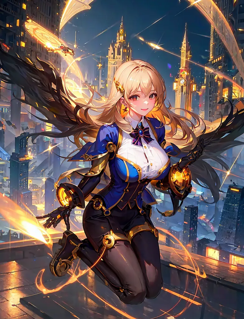 The image shows a young woman with long blonde hair and black wings. She is wearing a blue and gold outfit and has a clockwork device on her right arm. She is flying in a city surrounded by tall buildings. The sky is dark, and there are stars and a crescent moon in the background.