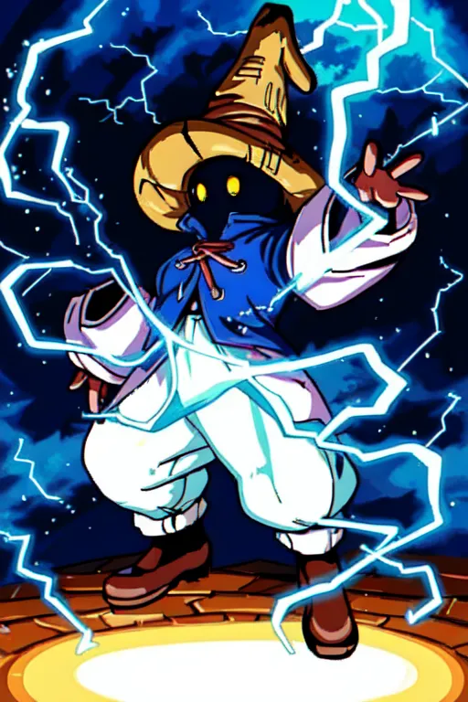 The image shows a character from the Final Fantasy video game series. He is a black mage, and is wearing a blue and white robe and a brown hat. He is surrounded by lightning, and is casting a spell.