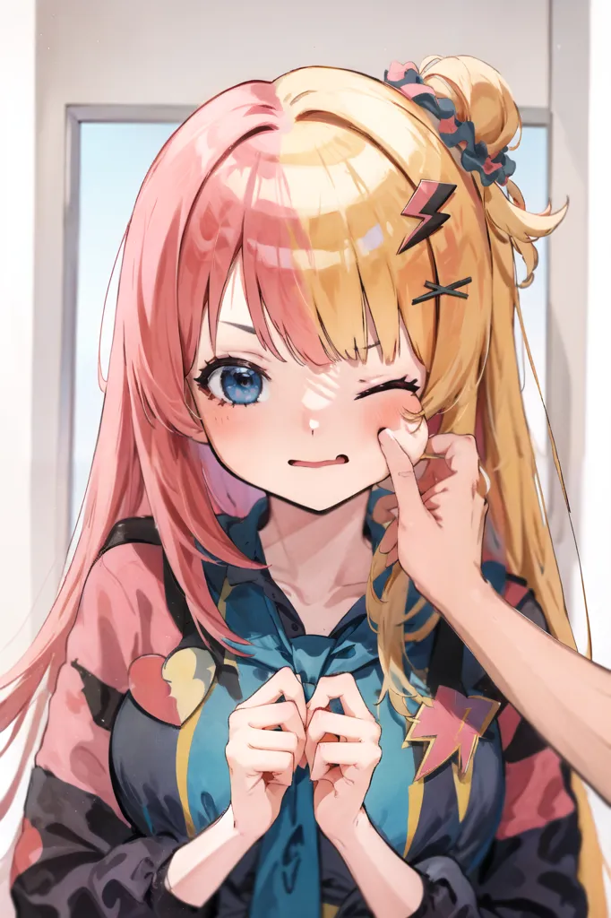 The image is of a young girl with pink and blonde hair. The girl is depicted with blue eyes and a slight blush on her face. She is wearing a pink and blue outfit. The girl is being held by the cheeks by someone who's hands are coming from outside of the frame. The girl is winking.