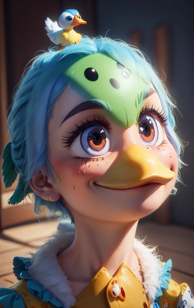 Esta imagem mostra um close-up de uma menina com cabelo azul e uma máscara com aparência de pato no rosto. A máscara tem uma parte superior verde com um padrão de bolinhas e um bico amarelo. A menina tem olhos castanhos grandes e uma marca de beleza abaixo do olho direito. Ela está usando uma camisa branca com um colarinho amarelo e uma gravata listrada de azul e branco. Ela tem um pequeno pássaro azul empoleirado em sua cabeça. O fundo está desfocado e parece ser uma parede.