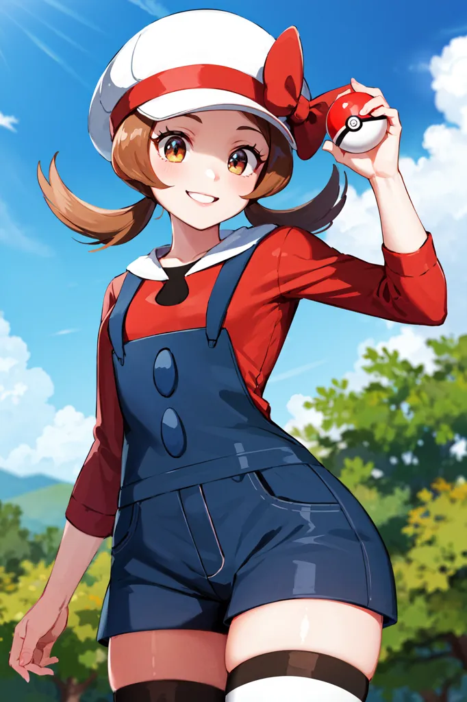 The image shows a young girl with brown hair and brown eyes. She is wearing a red and white hat, a red shirt, and blue overalls. She has a Pokeball in her right hand. She is standing in a field with green grass and trees in the background. The sky is blue and there are white clouds.