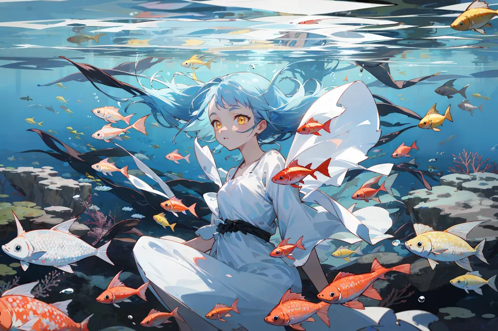 This image is an illustration of a girl with long blue hair and yellow eyes. She is wearing a white dress and is sitting on a rock in the middle of a coral reef. She is surrounded by many different types of fish. The water is clear and blue, and the sun is shining down on her. The girl has a peaceful expression on her face, and she seems to be enjoying the moment.