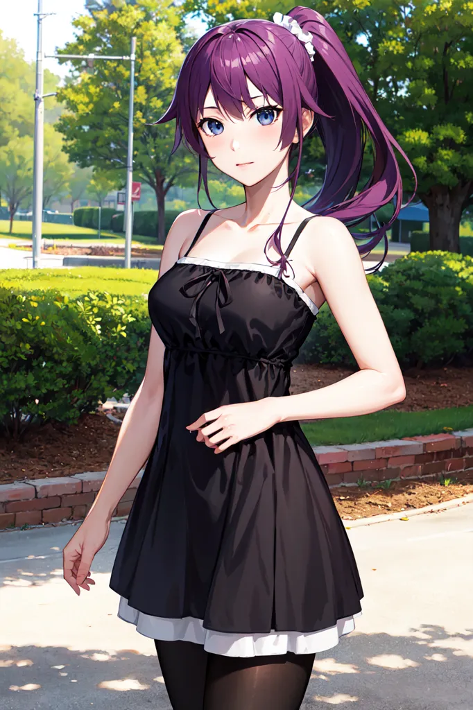 The image shows a young woman with purple hair and blue eyes. She is wearing a black dress with a white camisole underneath. The dress has a pleated skirt and a bow at the waist. She is also wearing black stockings and brown shoes. The woman is standing in a park, and there are trees and bushes in the background.