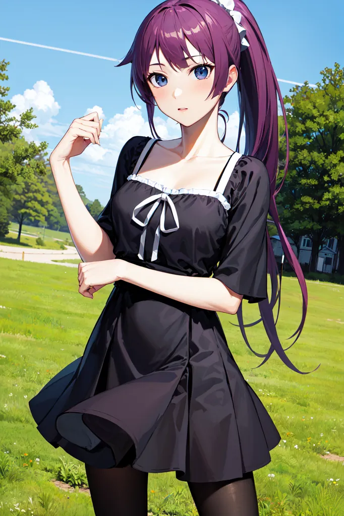 The image shows a girl with purple hair and blue eyes. She is wearing a black dress with a white collar and a black bow. She is also wearing black stockings and black shoes. She is standing in a field of green grass with a slight breeze blowing her hair and dress. There are trees and houses in the background. The sky is blue with a few white clouds.