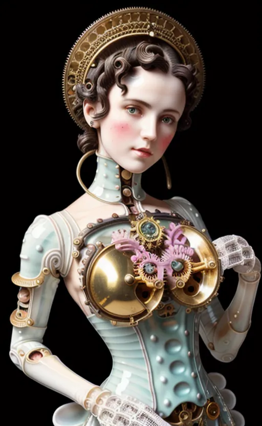 L'image est un rendu 3D d'une femme. Elle porte un corset avec une horloge au centre. L'horloge est décorée de fleurs roses et violettes. Les cheveux de la femme sont bruns et elle porte une couronne. L'arrière-plan est noir.