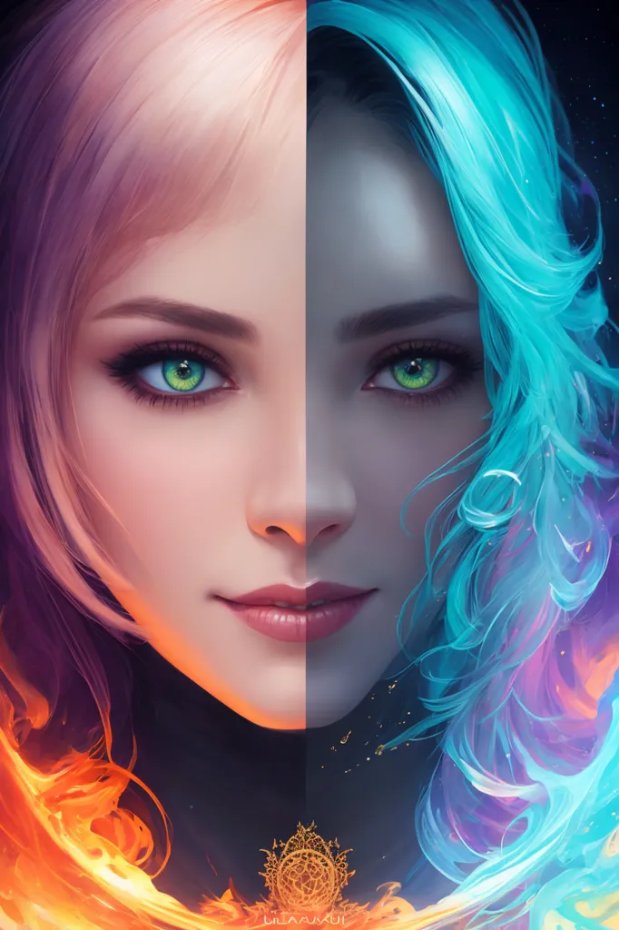 The image is a portrait of a woman with pink and blue hair. Her face is divided in half, with the left side being pink and the right side being blue. She has green eyes and her hair is long and flowing. The background is dark with flames on the pink side and water on the blue side.