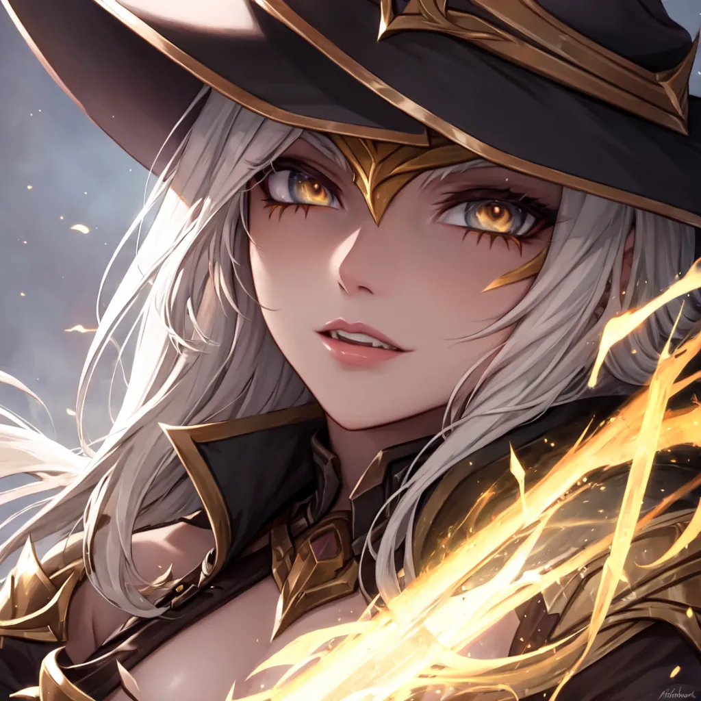 The picture shows a beautiful young woman with long white hair and golden eyes. She is wearing a black and gold witch hat and a golden breastplate. She has a sly smile on her face and is looking at the viewer. There is a fire-like energy swirling around her right hand.