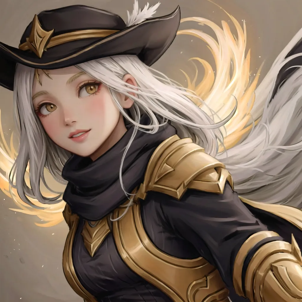 This image is of a young woman with long white hair and golden eyes. She is wearing a black cowboy hat with a brown feather and a black and gold outfit. She has a confident smile on her face and is looking to the side. She is standing in front of a white background and there appears to be a glowing, golden aura around her.