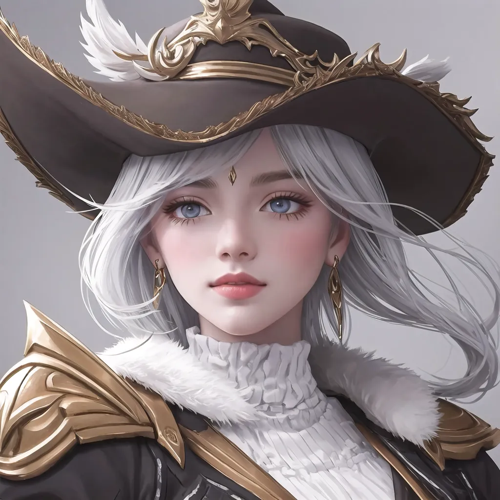 The image is a portrait of a young woman with long white hair and blue eyes. She is wearing a black and gold feathered hat and a white and gold outfit. She has a confident expression on her face and is looking at the viewer. The background is a light gray.