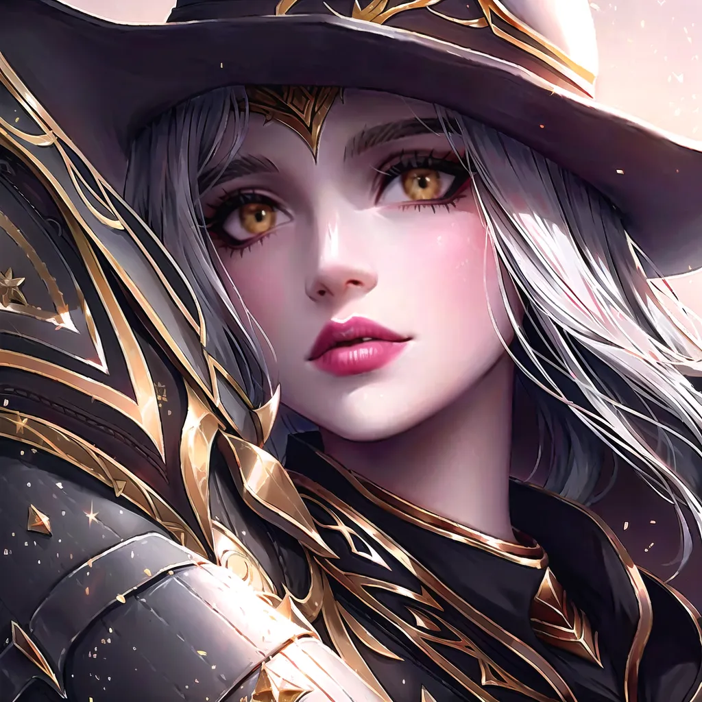 The image is a portrait of a beautiful young woman with long silver hair and golden eyes. She is wearing a black hat with a wide brim and a black and gold outfit. The woman's expression is serious and determined. She is standing in front of a dark background with a glowing light on her face.