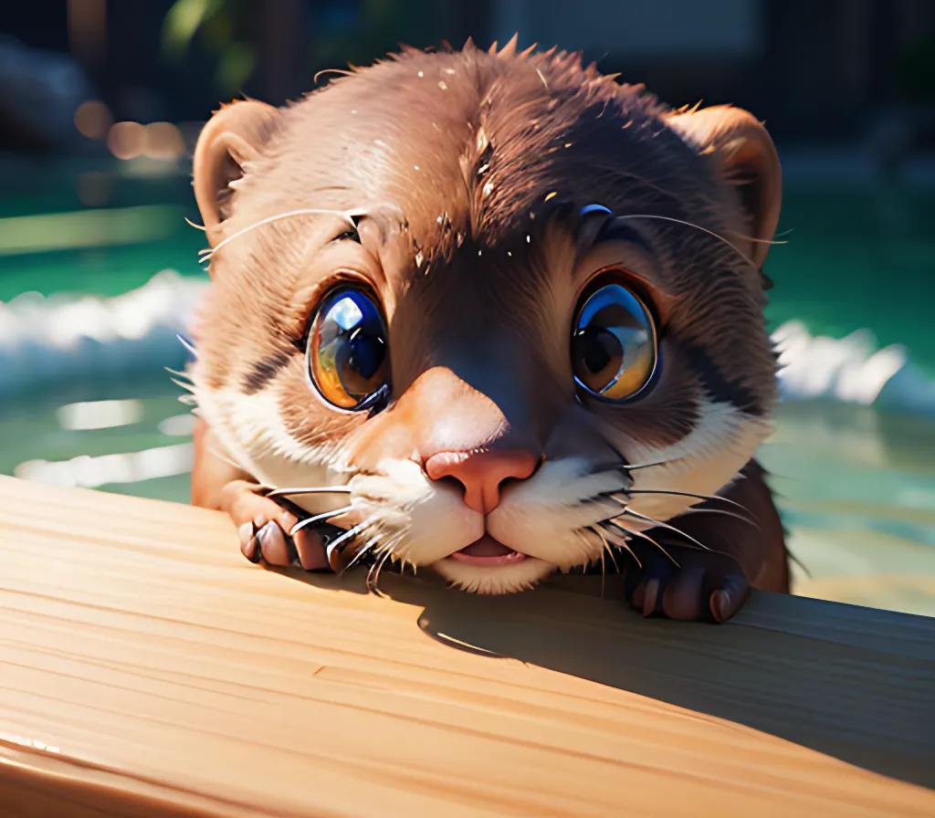 The image shows an otter peeking over a wooden dock. The otter is brown and furry with big, round eyes and a long, flat tail. It is looking up at the viewer with a curious expression. The water in the background is blue and green, and there are trees and plants on the shore. The otter is in a playful mood.