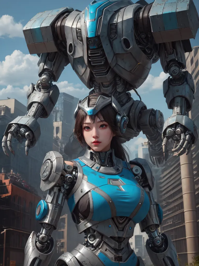 The image depicts a female character with brown hair and blue eyes wearing a blue and gray bodysuit standing in front of a large gray robot. The robot has a large cannon on its right arm and a smaller cannon on its left arm. The character is standing on the robot's left shoulder. The background is a destroyed city.