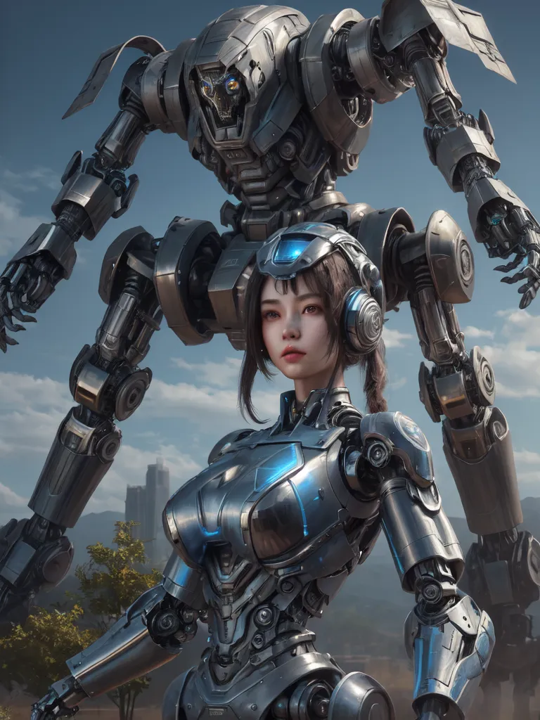 The image is a digital painting of a female character with brown hair and blue eyes. She is wearing a silver and blue bodysuit with a high collar and a large backpack. She is also wearing a pair of headphones. She is standing in front of a large blue and silver robot. The robot has a humanoid shape, but it is much taller and more muscular than the woman. It has a large head with a single blue eye and a mouth full of sharp teeth. Its body is covered in armor, and it has a pair of large wings on its back. The woman is looking at the robot with a mixture of awe and fear. The background of the image is a blue sky with white clouds.