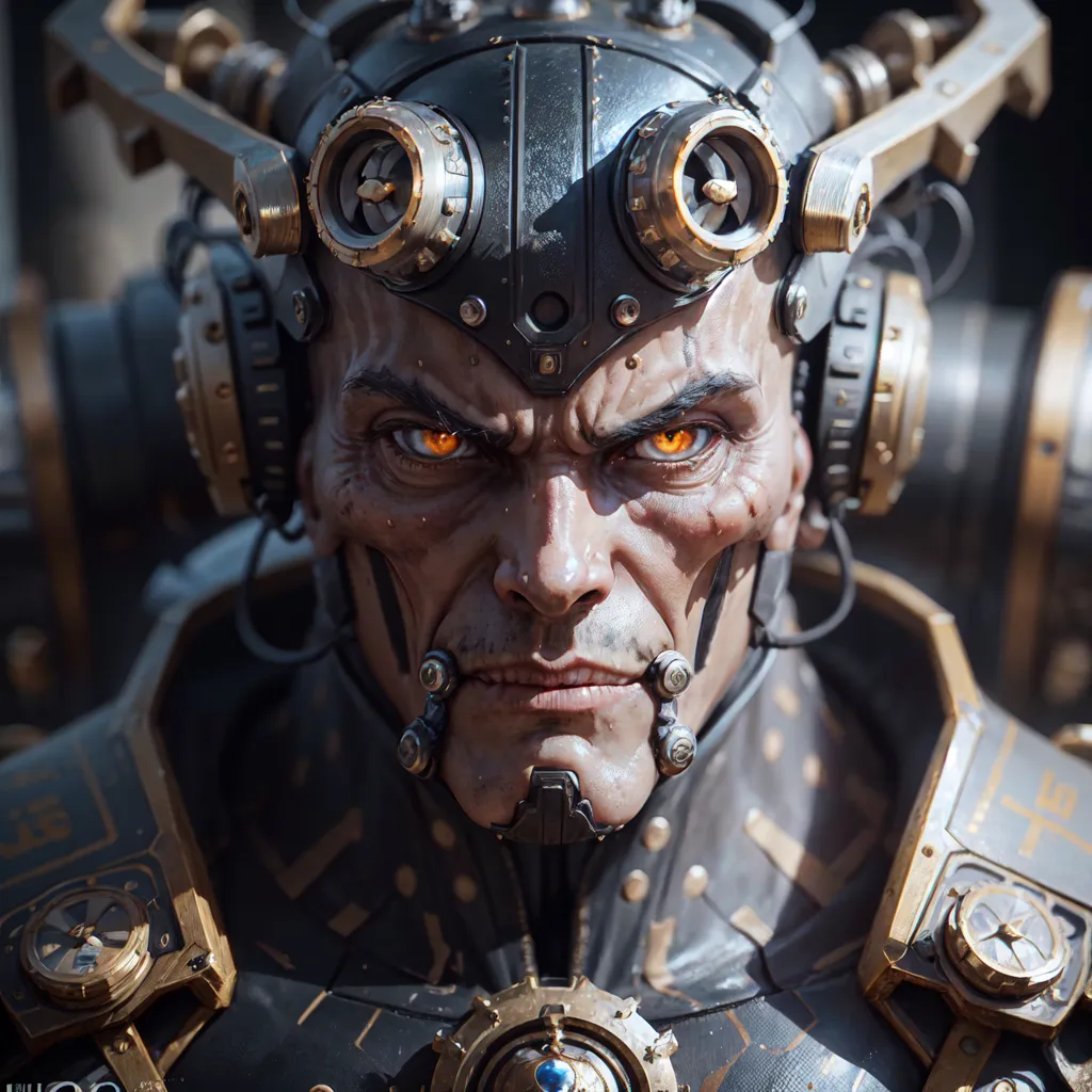 This is a picture of a steampunk cyborg. He has a lot of mechanical parts on his head and face. His eyes are glowing orange. He is wearing a black and gold steampunk outfit. He looks like he is ready to fight.