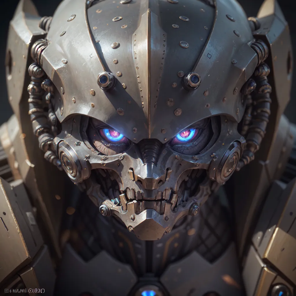 The image is a close-up of a robot's head. The robot is made of metal and has a skull-like face with glowing blue eyes. It is wearing a helmet and has a lot of wires and tubes attached to its head. The background is dark and out of focus.