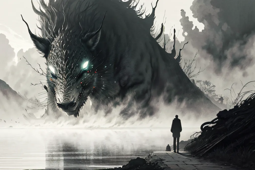 The image is in black and white. There is a lake in the middle, with a dark creature rising out of the water on the left side of the image. The creature is massive, with fur and antlers. It has glowing red eyes and a large, open mouth. On the right side of the image, there is a man standing on a pier with a dog. The man is wearing a long coat and a hat. The dog is small and white. The man and the dog are looking at the creature. The image is dark and moody. The water is still and the sky is cloudy. The only light comes from the creature's eyes and the man's flashlight. The image is full of mystery and suspense. It is unclear what is going to happen next.