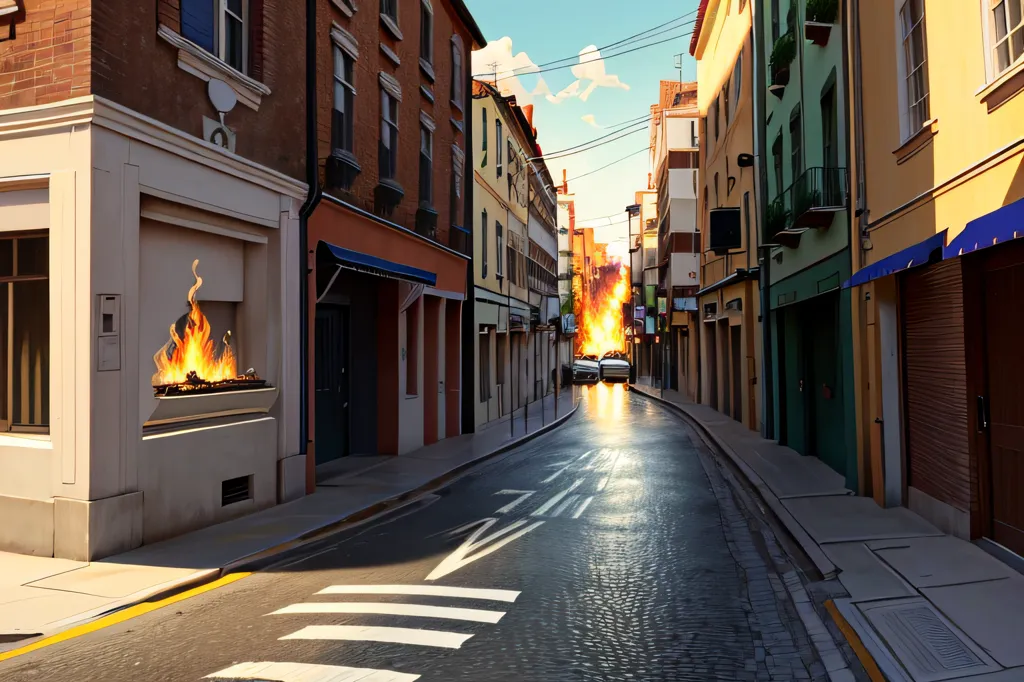 The image shows a narrow street with a row of buildings on both sides. The buildings are mostly three or four stories tall, with a variety of architectural styles. The street is made of cobblestones and there is a crosswalk in the foreground. There is a fire burning in a fireplace on the left side of the street. A car is parked on the right side of the street. The sky is blue and there are some clouds in the distance.