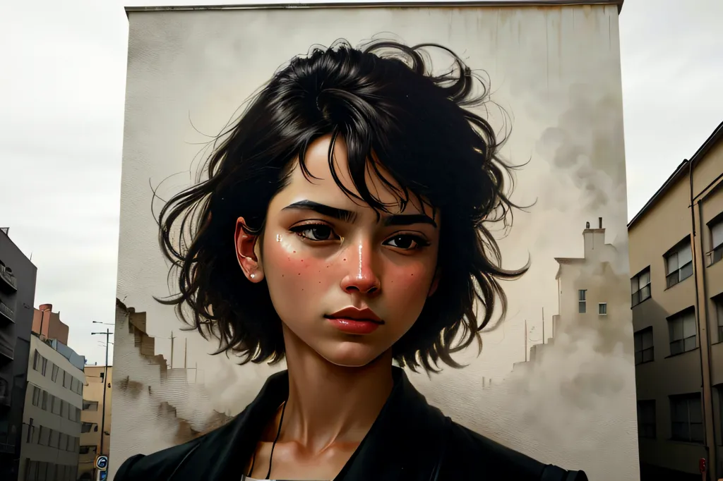 The image is a mural of a young woman with short dark hair. She is looking to the right of the frame with a neutral expression. She is wearing a dark jacket and a light-colored shirt. The background is a cityscape with buildings and a blue sky. The mural is painted on a brick wall.