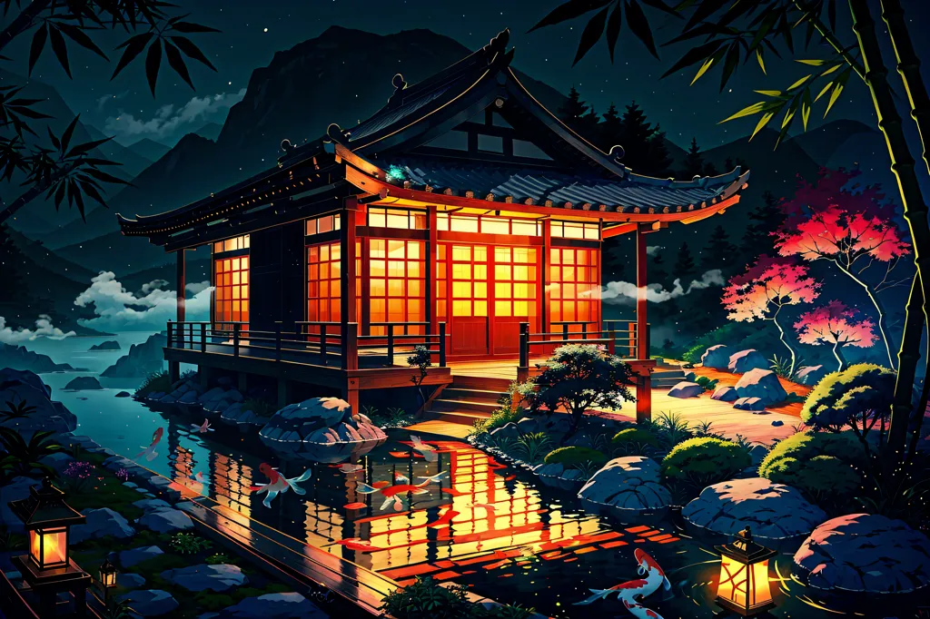 A imagem é uma bela casa japonesa em um estilo tradicional. A casa é cercada por um jardim exuberante com muitas árvores e flores. Há um lago no jardim com alguns peixes koi. A casa é iluminada por algumas lanternas. O céu da noite está escuro e limpo, com algumas estrelas brilhando. O ambiente geral da imagem é pacífico e s