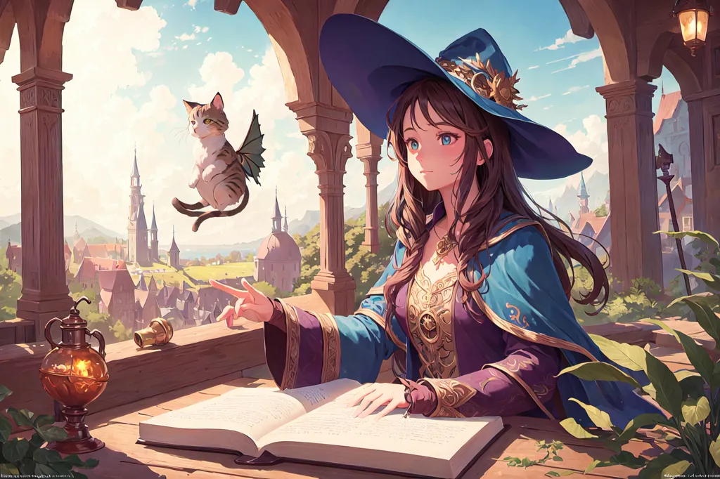 The image is of a young woman in a blue robe with a purple bodice and a large hat with a golden crescent moon on it. She is sitting at a wooden table with an open book in front of her. She is holding a quill in her right hand and is pointing with her left hand. There is a cat with bat wings sitting on top of the book. The cat is looking at the woman. There is a lantern on the table next to the woman. There is a cityscape in the background.