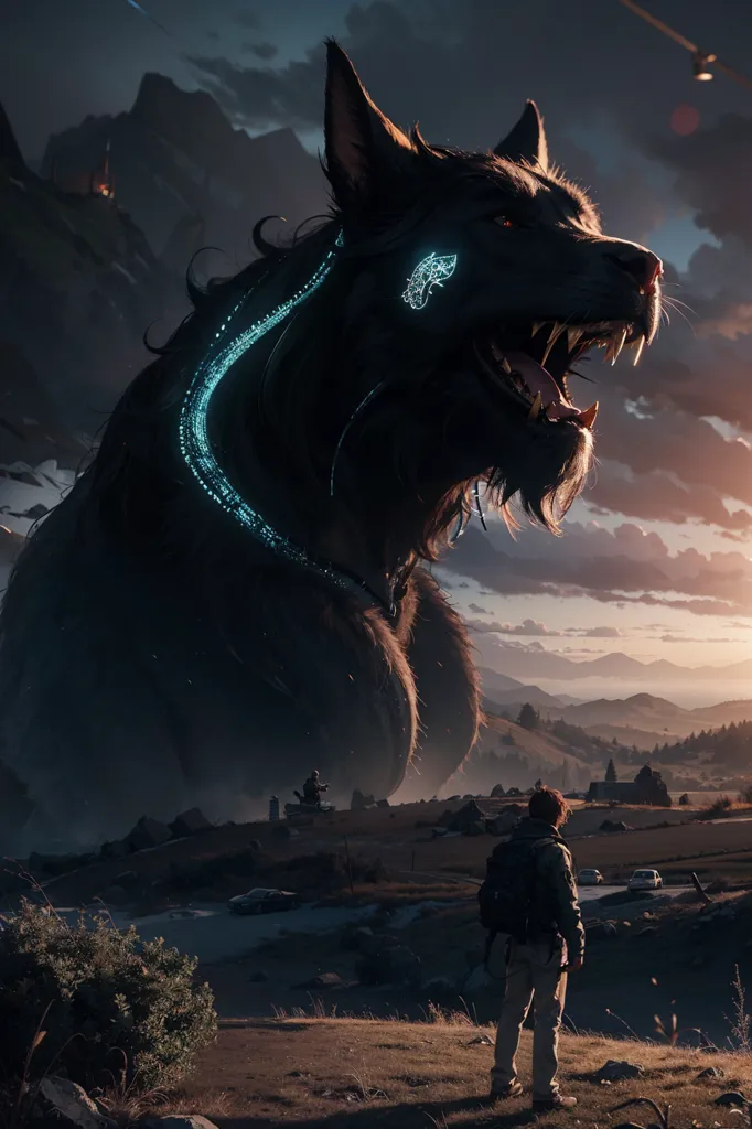 The image is a dark fantasy landscape. A giant wolf-like creature is standing in the middle of a valley. The creature is black with glowing blue eyes and a glowing blue marking on its neck. It has a long mane and a tail. The creature is standing in front of a mountain range. There are two people standing on a hill to the right of the creature. They are both wearing jackets and backpacks. The creature is looking at the people.