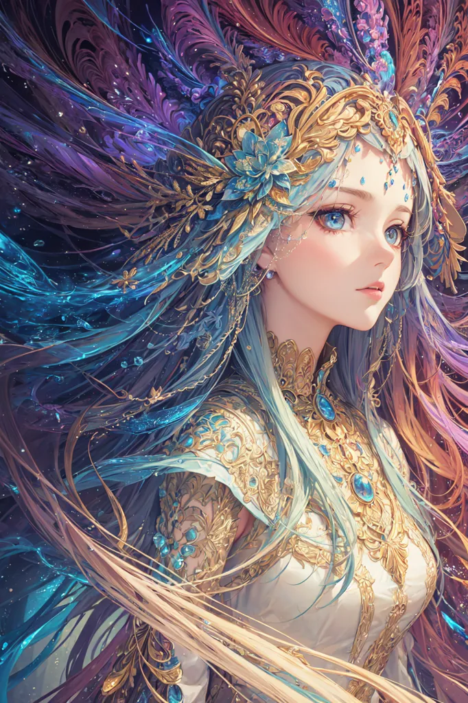 La imagen muestra a una hermosa chica de anime con cabello azul largo y ojos azules. Lleva un vestido blanco y dorado con mucha joyería. Tiene una corona dorada en la cabeza y muchas flores en el cabello. Está de pie frente a un fondo azul oscuro con muchas luces de colores.