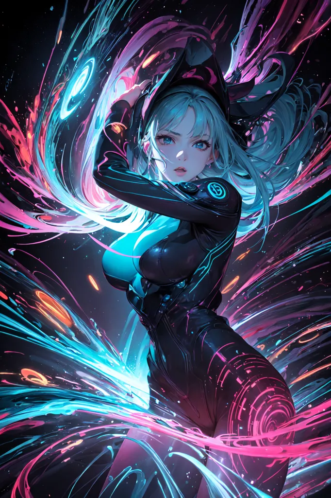 The image is a painting of a young woman in a black bodysuit with blue and pink accents. She has long blue hair and cat ears. She is standing in a dynamic pose, with her arms outstretched and her hair flowing behind her. The background is a dark blue, with bright blue and pink lights swirling around her. The image is in a Japanese anime style.