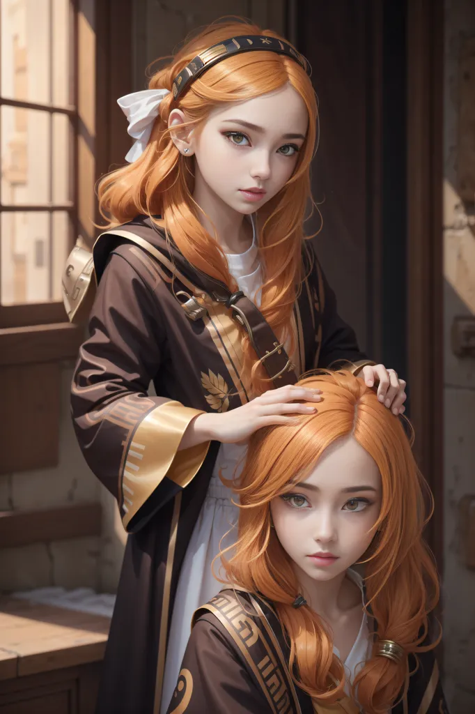 The image is of two girls, one slightly taller than the other, with long orange hair and brown eyes. They are both wearing brown robes with gold trim. The taller girl has a white bow in her hair and is touching the head of the shorter girl. The shorter girl is looking at the taller girl with a shy expression. They appear to be in a library or other type of study.