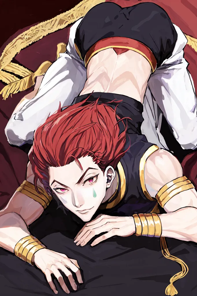 The image contains a man with red hair and purple eyes. He is wearing a black and red outfit with a white sash and gold accessories. He is lying on a red cloth with a white cloth draped over his hips. The man has a smug expression on his face and is looking at the viewer. He is also shown to have a tattoo on his left arm.