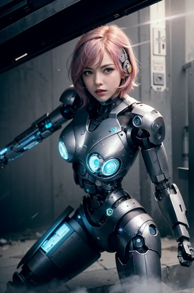 The image depicts a female gynoid, with pink hair and blue eyes. She appears to be wearing a metallic bodysuit, with various technological components visible. The gynoid is kneeling on one knee, with her right hand resting on her thigh, and her left hand extended forward. She has a serious expression on her face. The background is a dark, metallic environment, with a large door visible behind her.