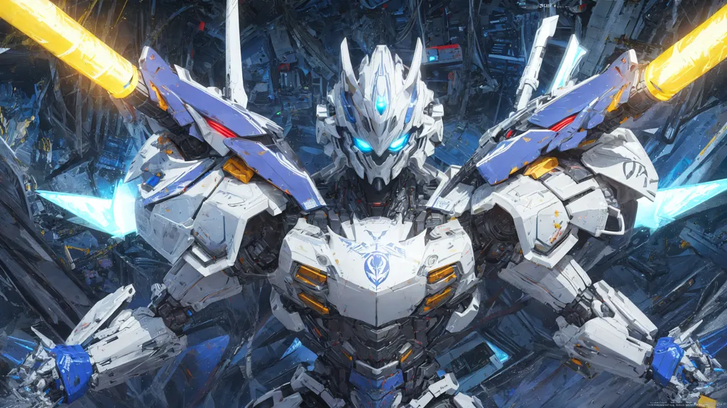 The image is a digital painting of a mecha. The mecha is white and blue with yellow and green accents. It is standing in a junkyard, surrounded by scrap metal. The mecha is holding a large sword in its right hand and a shield in its left hand. It is looking at the viewer with its glowing blue eyes. The painting is very detailed and realistic. The artist has used a variety of techniques to create a sense of depth and realism. The painting is also very dynamic and exciting. The viewer can feel the power and strength of the mecha.