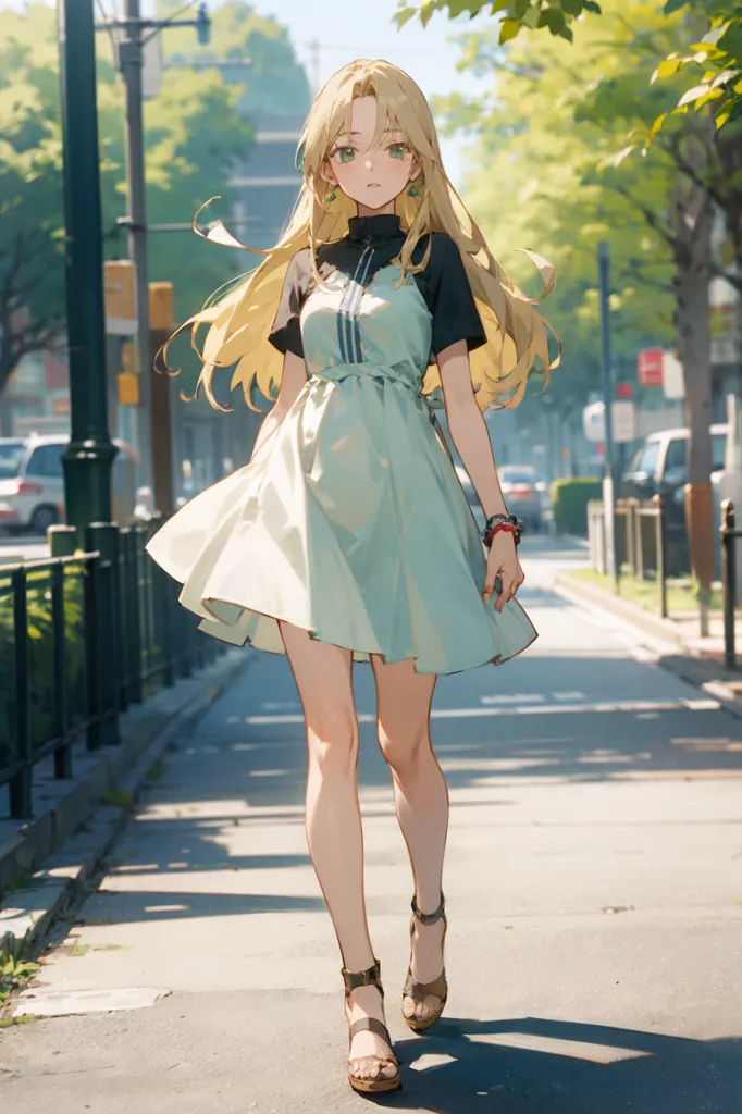 La imagen es una pintura de una mujer joven con el cabello rubio largo. Lleva un vestido blanco con una camisa negra debajo. También lleva sandalias marrones y una pulsera en la muñeca derecha. Está caminando por una calle de la ciudad, rodeada de árboles y edificios. La pintura está hecha en un estilo realista, y la expresión de la mujer es de determinación y propósito.