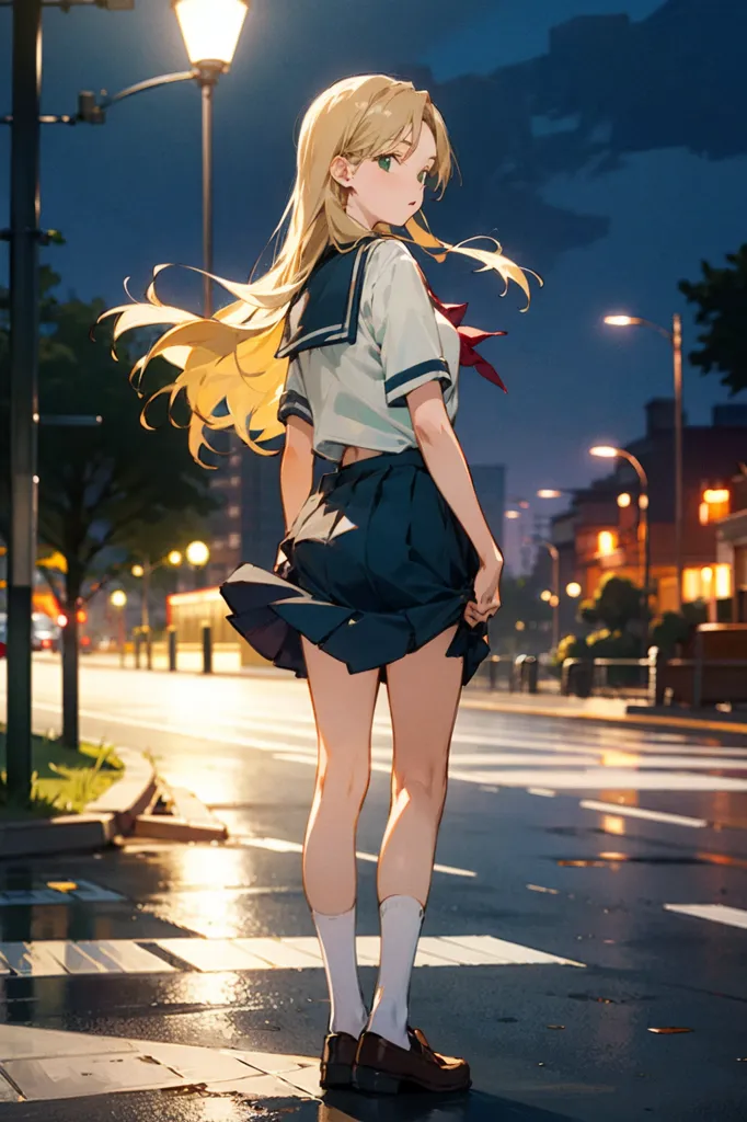 The image is a depiction of a young woman standing on a city street at night. She is wearing a school uniform consisting of a white shirt, blue pleated skirt, and brown shoes. She has long blond hair and blue eyes. She is looking back over her shoulder at the viewer with a slightly puzzled expression on her face. The street is lit by streetlights and the rain is reflecting the light. The image is in a realistic style and the colors are vibrant.