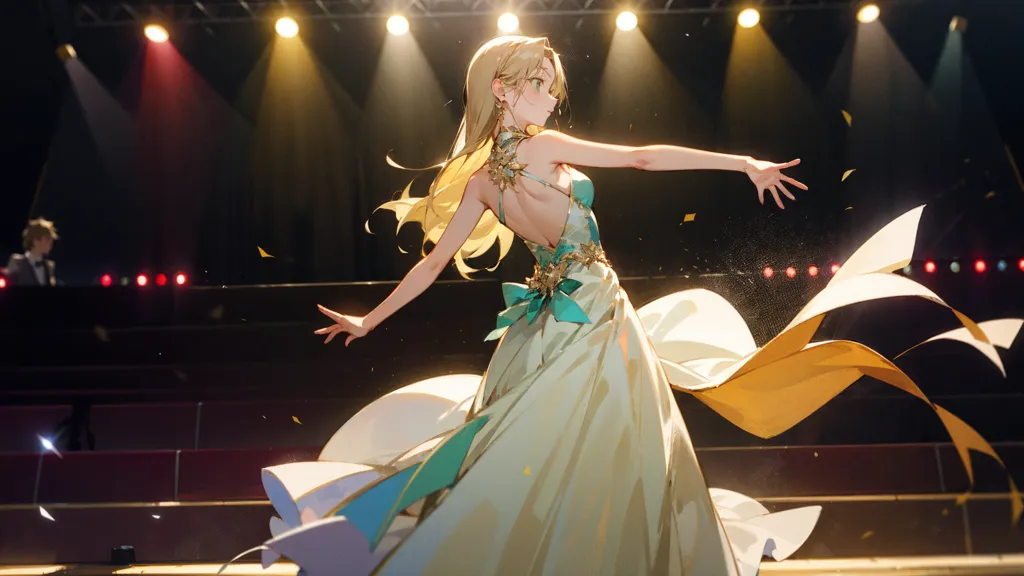 The image is of a beautiful woman with long blond hair wearing a white and gold ball gown. She is standing on a stage with a spotlight shining on her. She has her arms outstretched and is looking to the left. There is a man in the background, he is standing in the shadows and is watching her.