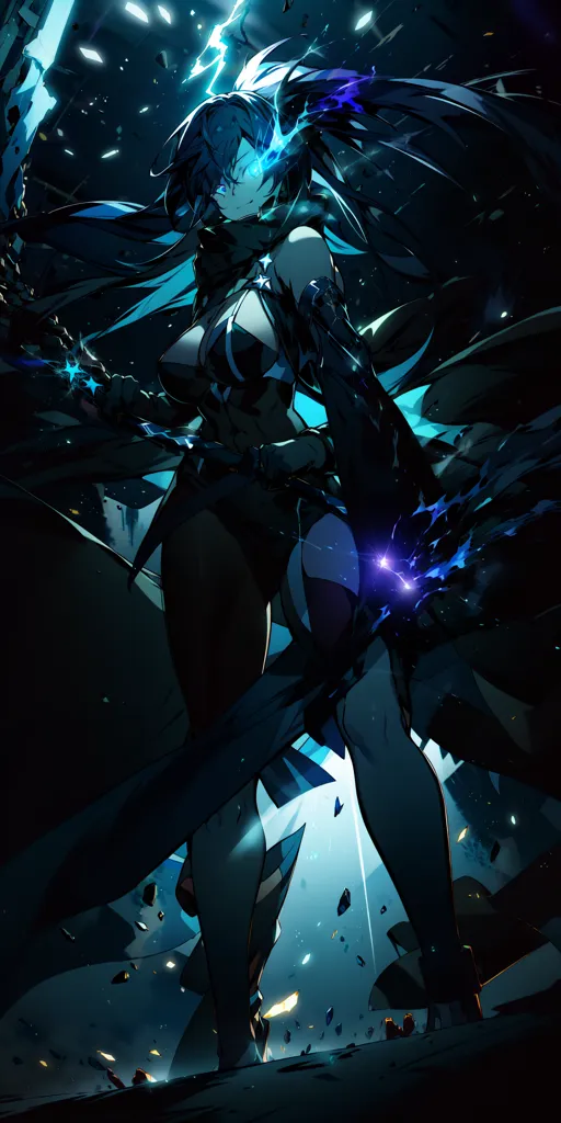 The image is of a young woman with long blue hair and purple eyes. She is wearing a black bodysuit with a high collar and a large blue crystal on her chest. She is also wearing black boots and gloves. She is standing in a dark blue void with her arms outstretched, and there are several large blue crystals floating around her.