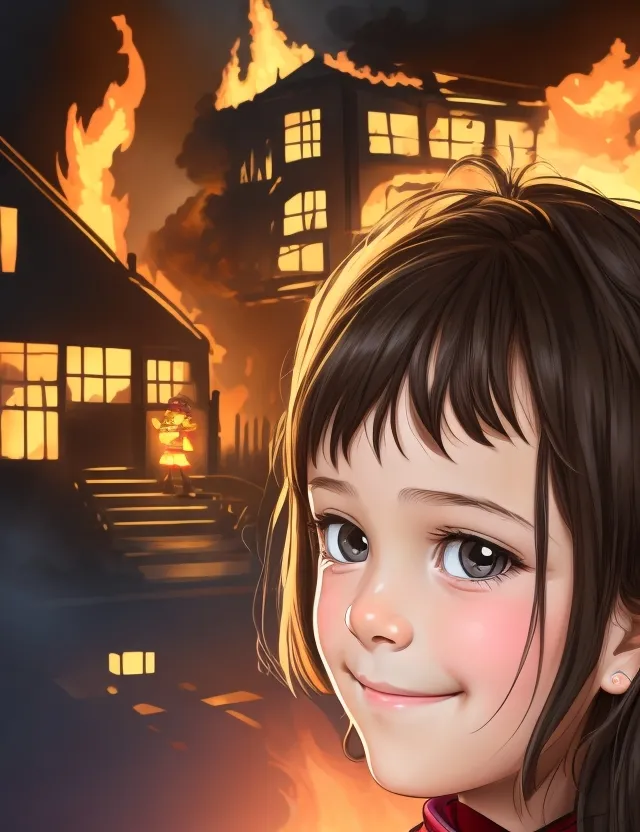 A young girl is standing in front of a burning house. The girl is smiling. The house is engulfed in flames. The girl is wearing a red sweater. She has brown hair and brown eyes. The girl's expression is one of happiness.