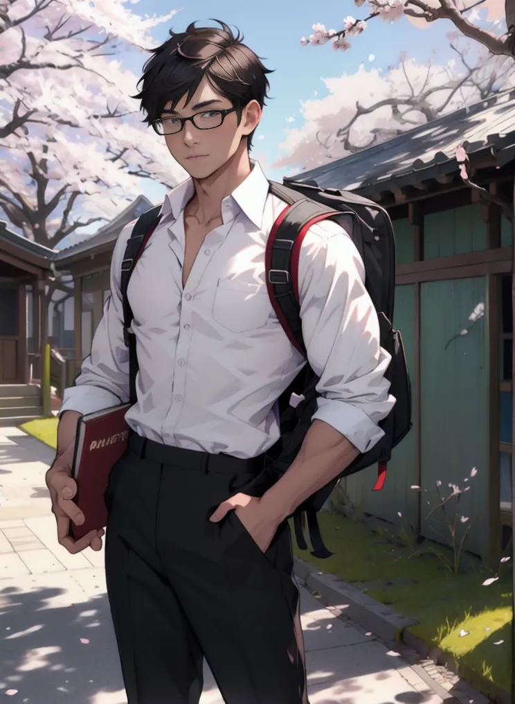 This is an image of a young man with short black hair and glasses. He is wearing a white dress shirt, black pants, and a black backpack. He is standing in front of a traditional Japanese house. There are cherry blossom trees in the background. The man is looking at the camera with a slight smile on his face.