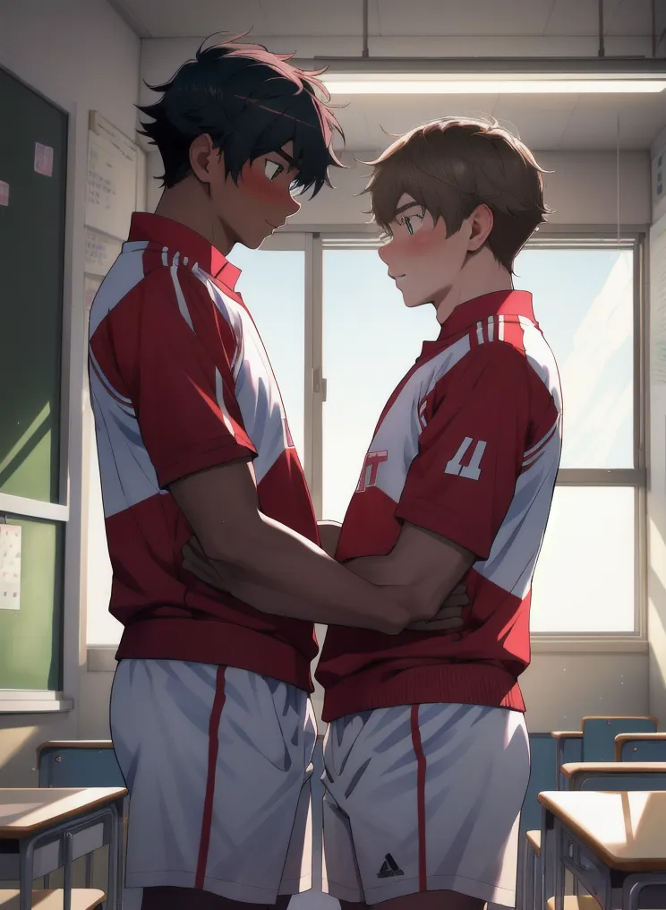 This is an image of two male characters from an anime or manga. They are standing close to each other in a classroom. The character on the left is taller and has dark skin, and the character on the right is shorter and has lighter skin. They are both wearing red and white sports uniforms. The taller character has his hand on the shorter character's waist, and the shorter character has his hand on the taller character's shoulder. They are both looking at each other with serious expressions on their faces. There are desks and chairs in the background of the image.