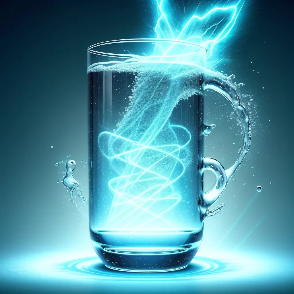 The image is a glass of water with a blue glowing liquid inside. The liquid is swirling and splashing out of the glass. The glass is sitting on a blue surface with a blue background.