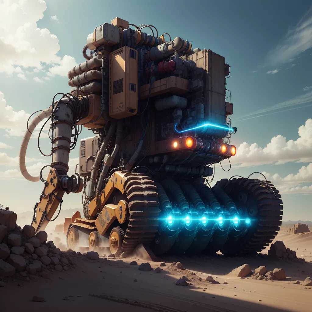 The image shows a large, yellow, six-wheeled vehicle moving across a desert landscape. It has a large, box-like body with a number of pipes, tubes, and other mechanical details on its surface. The vehicle is also equipped with a large claw-like arm, which is likely used for digging or other construction purposes. In the background, there are large rocky outcroppings and a clear blue sky.