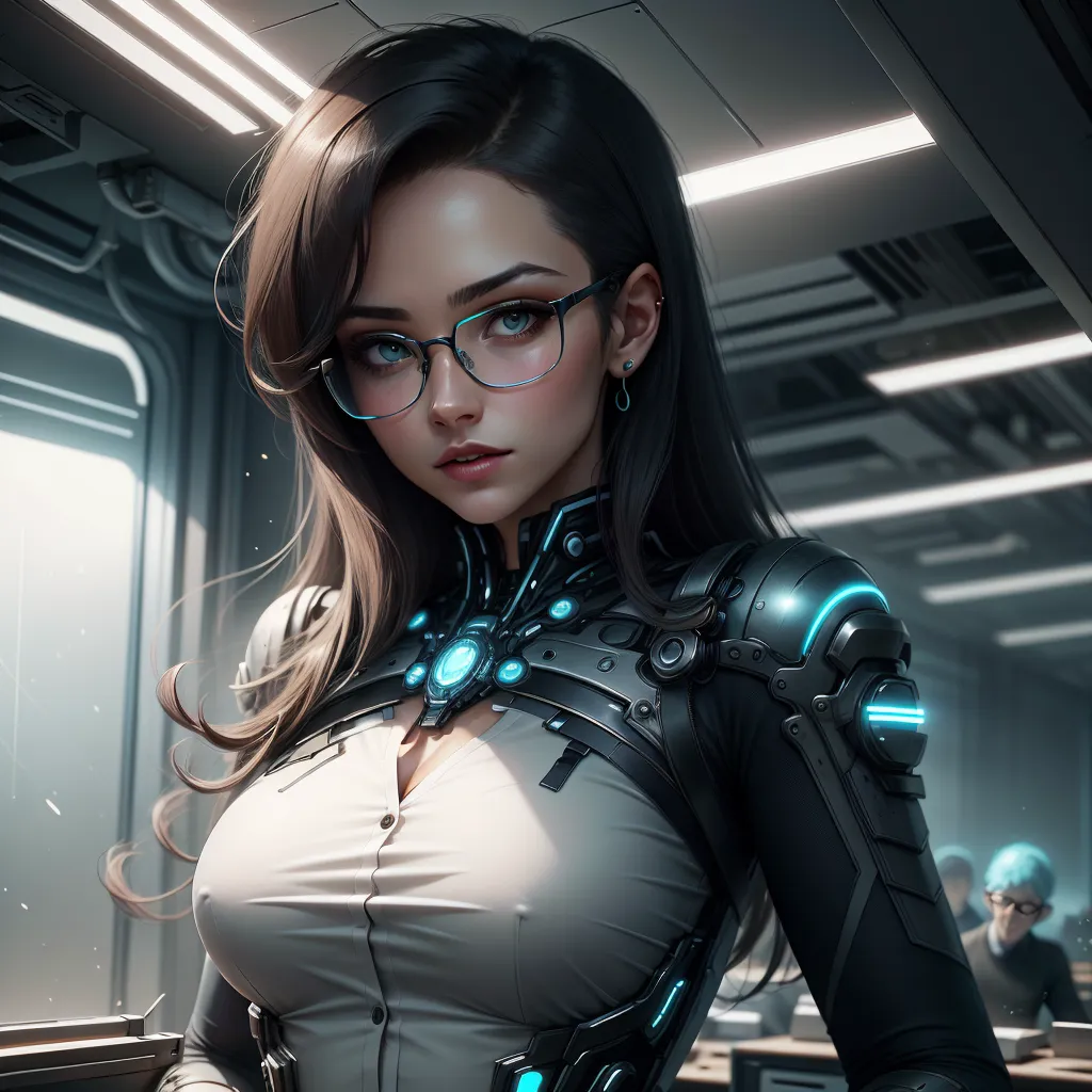 The image is a portrait of a young woman with long brown hair and blue eyes. She is wearing glasses, a white shirt, and a black vest with blue lights. She is standing in a futuristic setting, with a blurred background of a city.