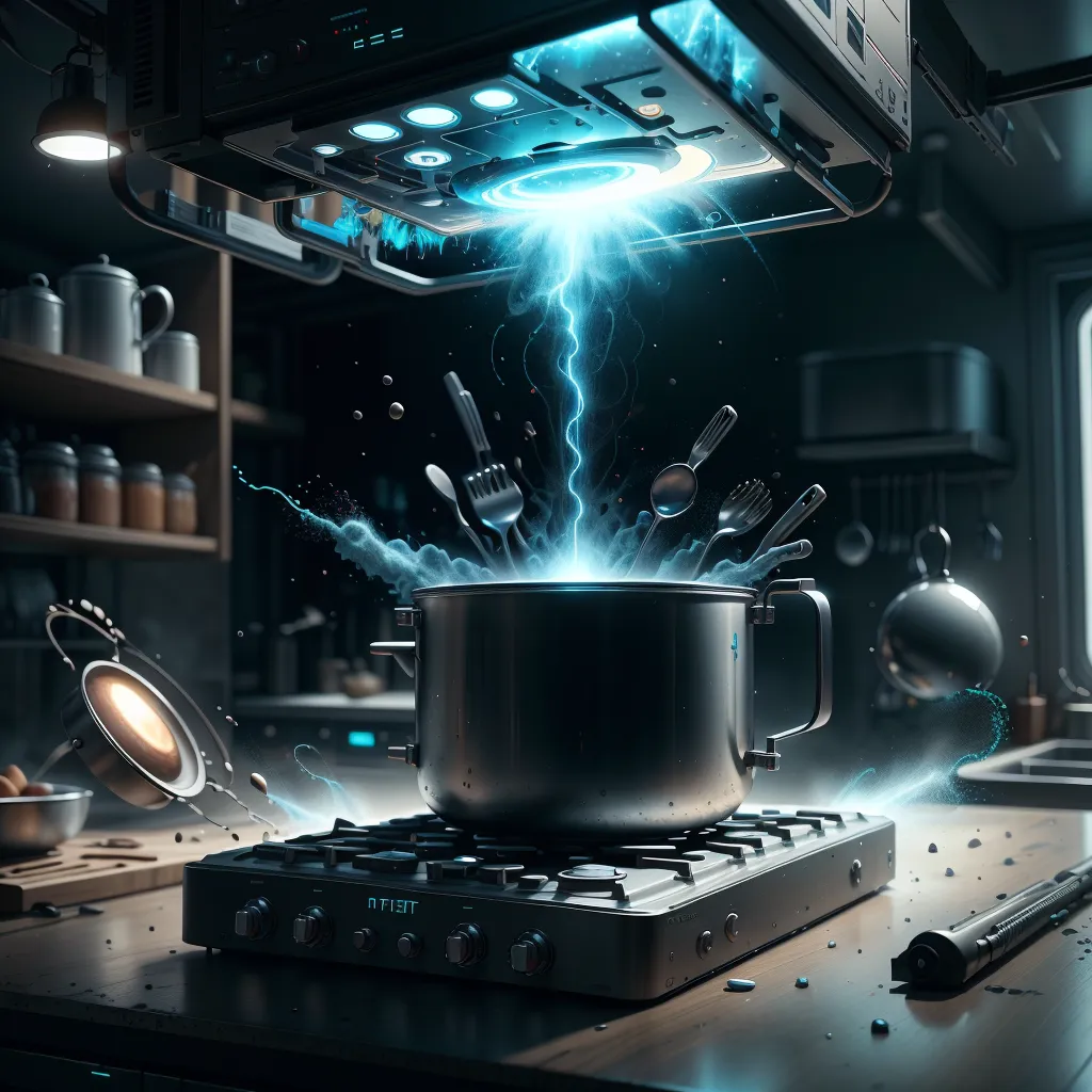 The image shows a modern kitchen with a futuristic stove. The stove has a blue light coming out of it, and there is a pot on the stove. The pot is overflowing with water. There are also many spoons and forks in the pot. The spoons and forks are being held up by the water. There is a blue light coming from the pot. The light is shining on the spoons and forks. The spoons and forks are reflecting the light. The image is very detailed. You can see the individual water droplets in the pot. You can also see the individual reflections on the spoons and forks.