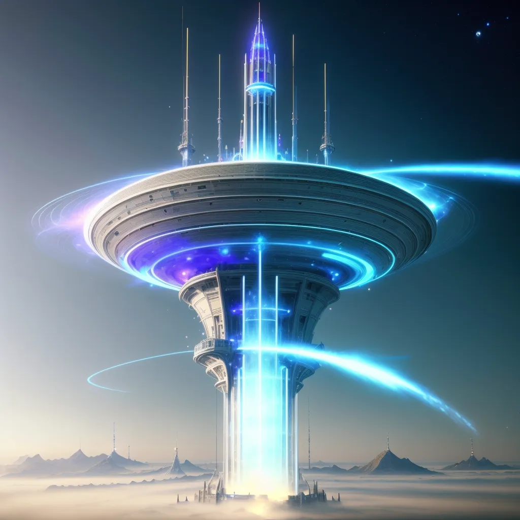 The image is of a tall, futuristic tower that appears to be in space. It is surrounded by a number of smaller, satellite-like structures, and there are several bright lights shining from the tower. The tower is also surrounded by a number of clouds.