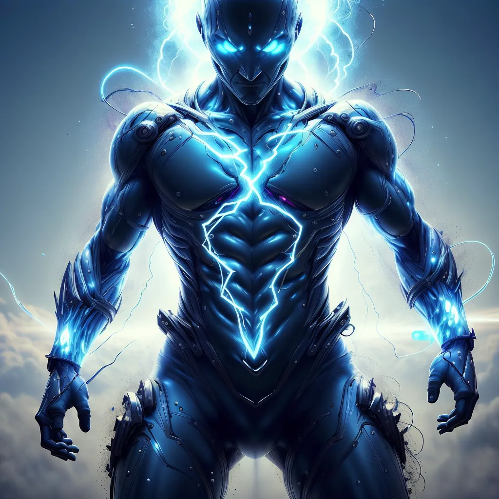 The image shows a muscular man with blue skin and glowing white eyes. He is wearing a black and blue suit with metal plates on his chest, shoulders, and arms. The suit has blue lights running along the edges of the plates. He is standing with his feet shoulder-width apart, his arms at his sides, and his head tilted slightly downward. He has a glowing blue lightning bolt-shaped symbol on his chest. There are also blue lightning bolts emanating from his hands. Behind him, there is a background of dark clouds with bright white lightning bolts.